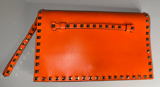Pre-loved Valentino Garavani Nappa Rockstud Wristlet Clutch Neon Orange