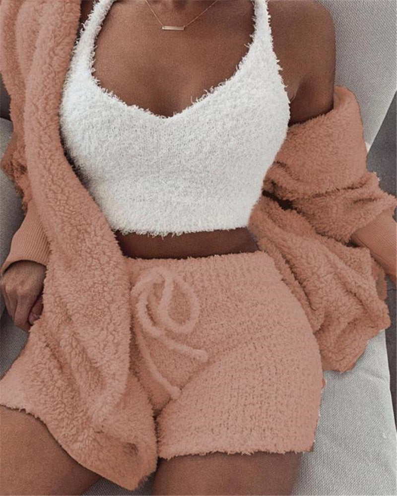 Open Cardigan w/ Crop Tank Top & Shorts Pajama Set