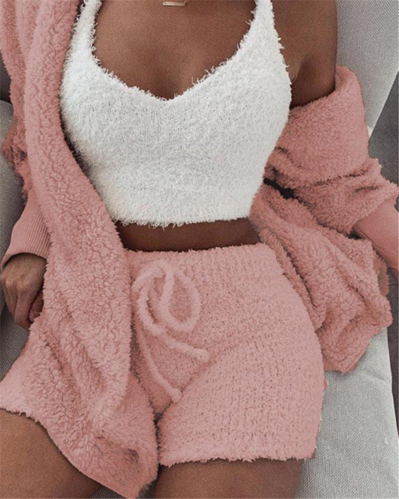 Open Cardigan w/ Crop Tank Top & Shorts Pajama Set