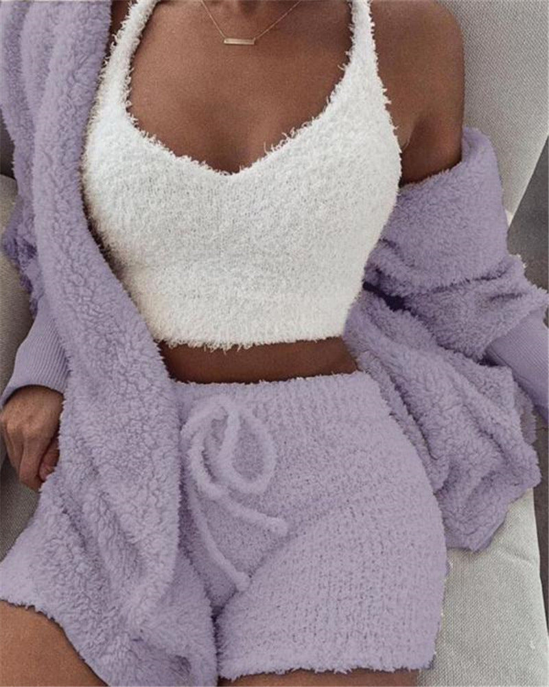 Open Cardigan w/ Crop Tank Top & Shorts Pajama Set