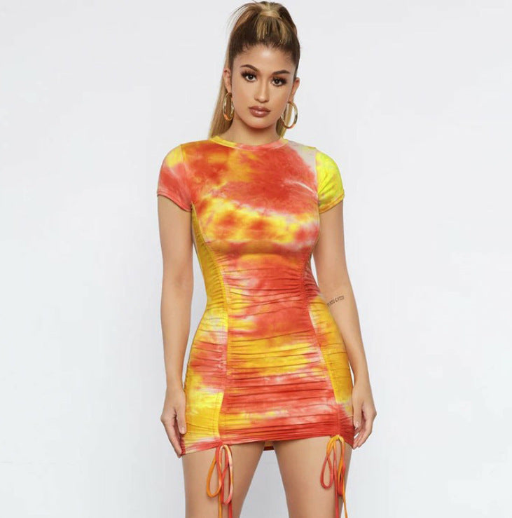 Tie-dye ruched sexy slim dress