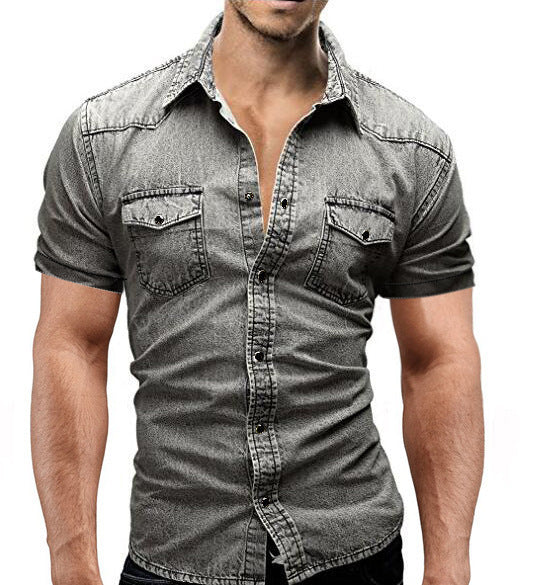 Denim Short-Sleeved Slim Shirt