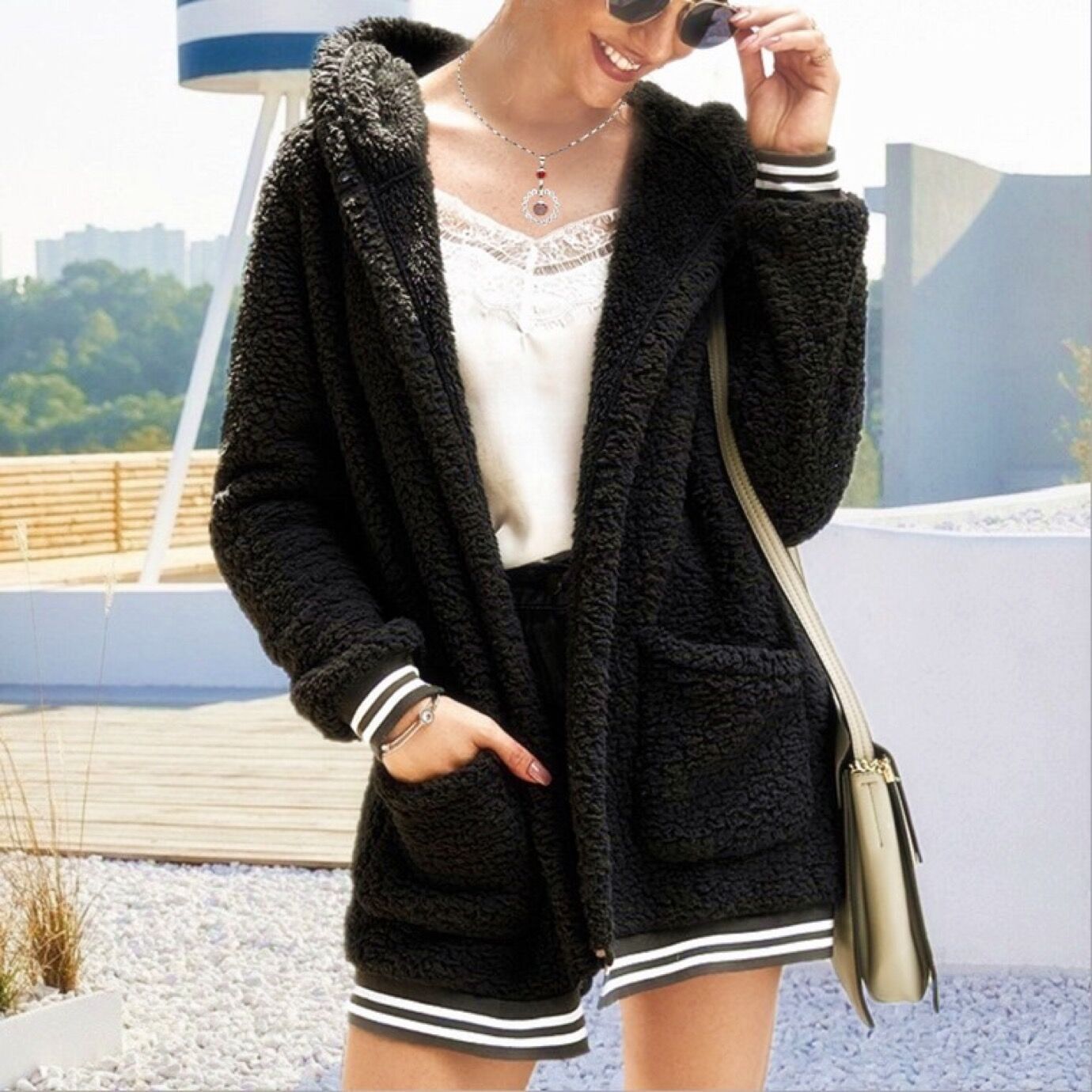 Hooded fur coat long top