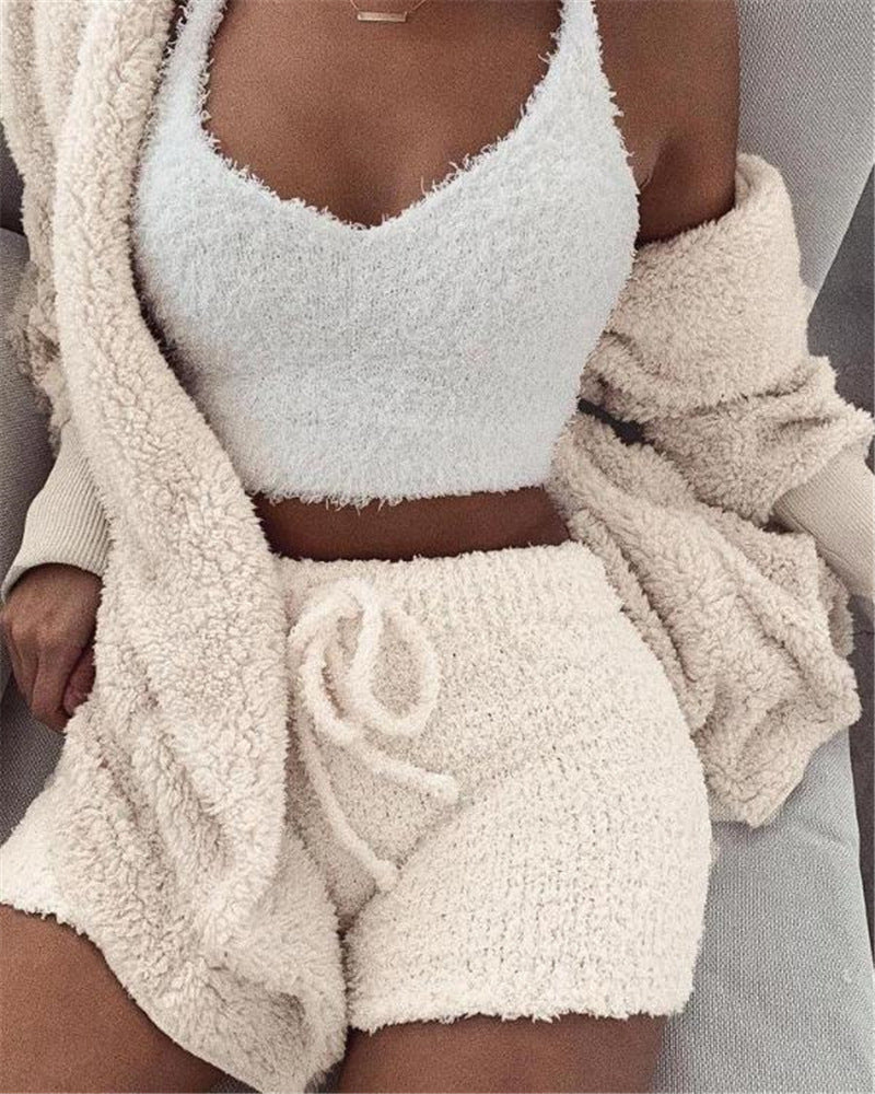 Open Cardigan w/ Crop Tank Top & Shorts Pajama Set