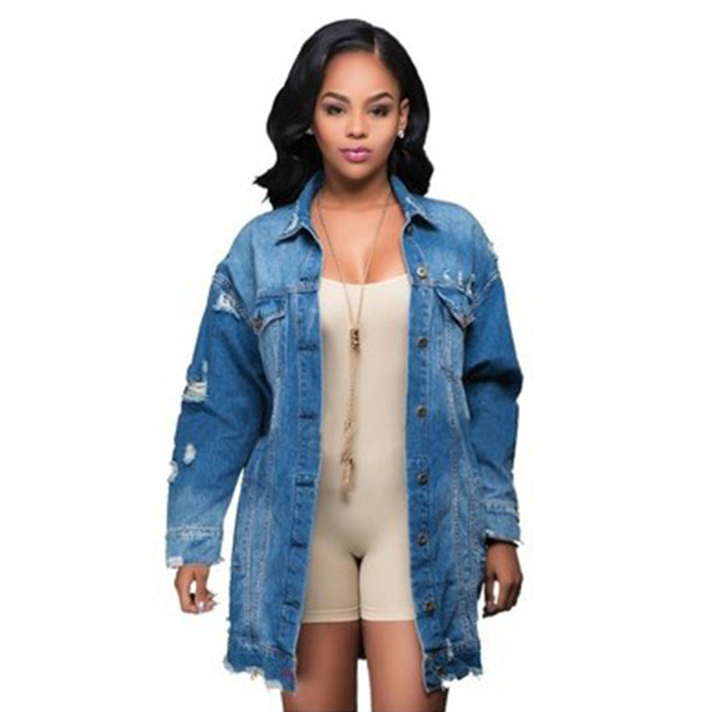 Med Length Distressed Denim Jacket