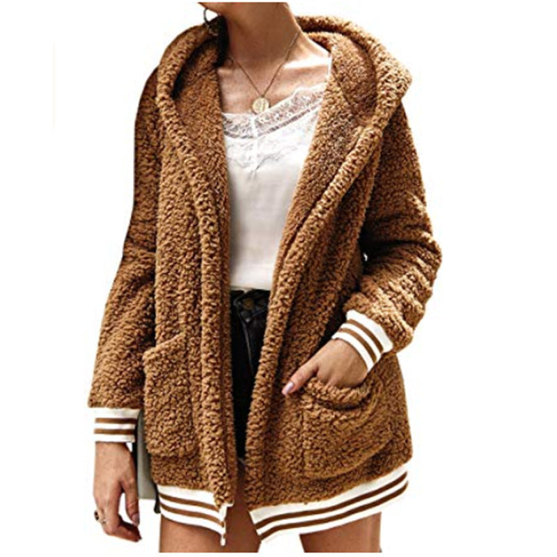 Hooded fur coat long top