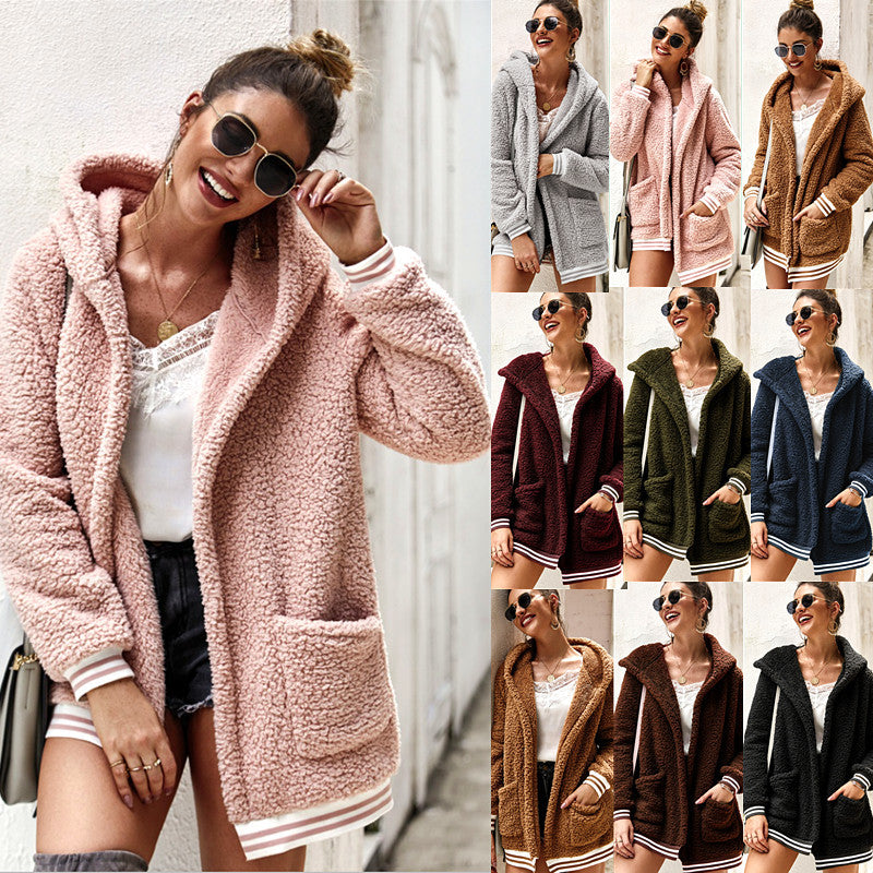 Hooded fur coat long top