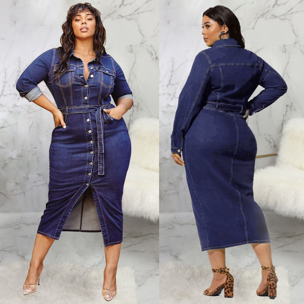 Curvy Denim Dress Women Casual, Long Sleeves