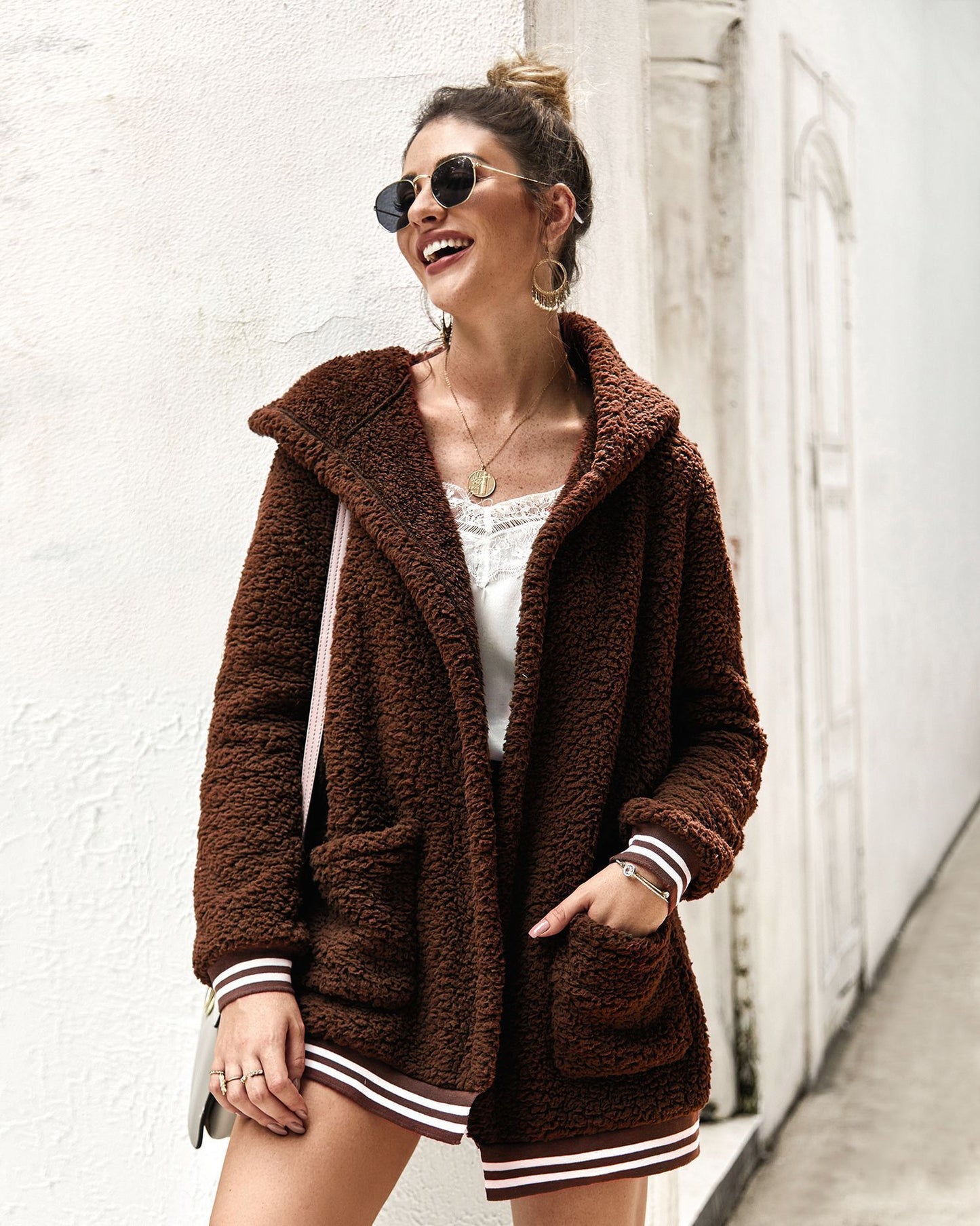 Hooded fur coat long top