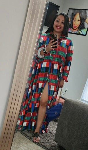 Plaid Print Double-Breasted Lapel Long Dress/Shirt