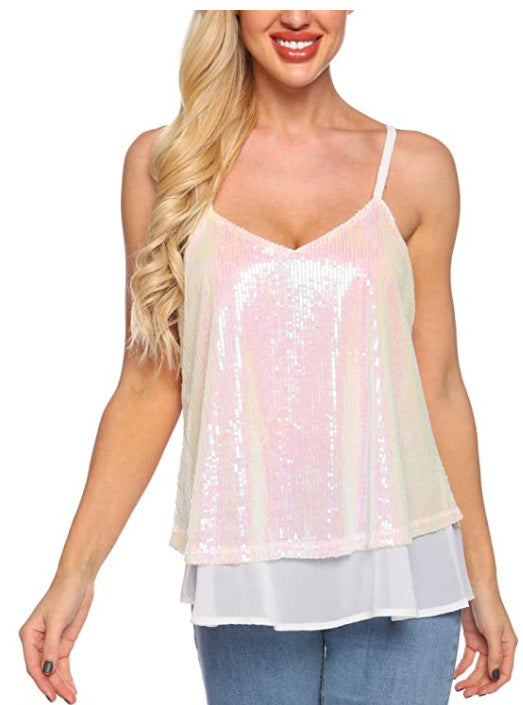 Sequin V-Neck Camisole Cropped Loose Top