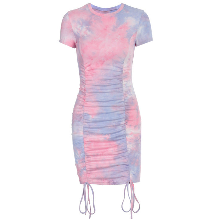 Tie-dye ruched sexy slim dress