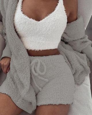 Open Cardigan w/ Crop Tank Top & Shorts Pajama Set