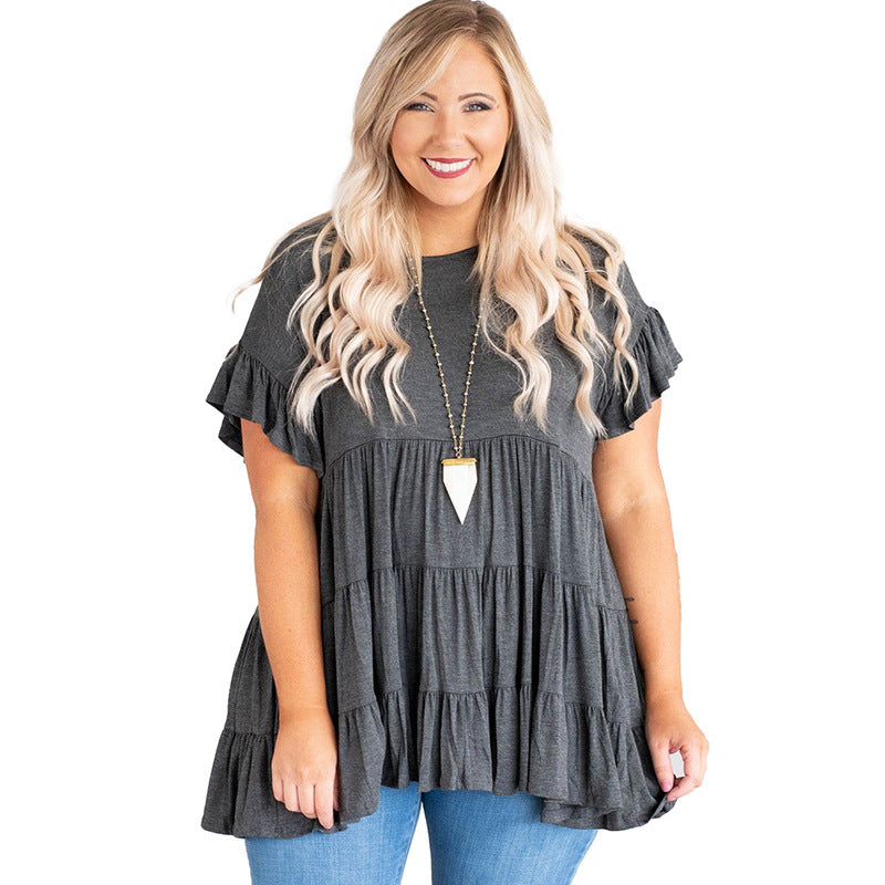 Pure Color Ruffles Pleated Pullover T-shirt