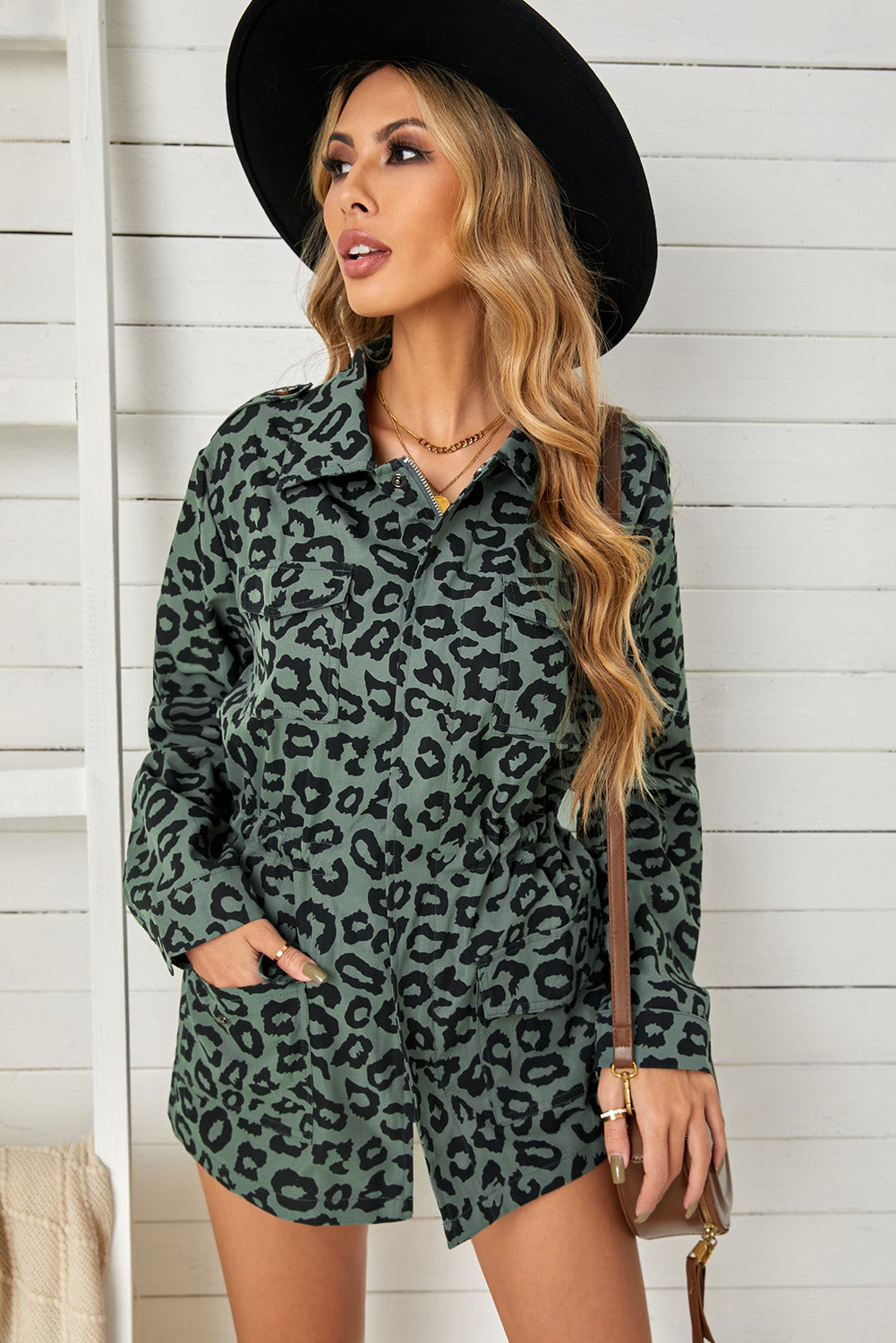 Leopard Drawstring Waist Jacket with Pockets