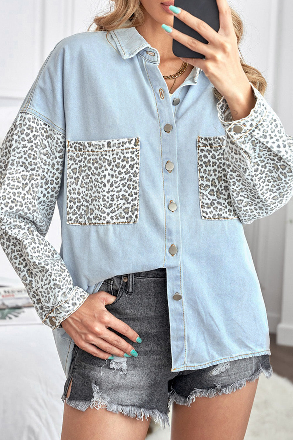 Leopard Contrast Denim Top