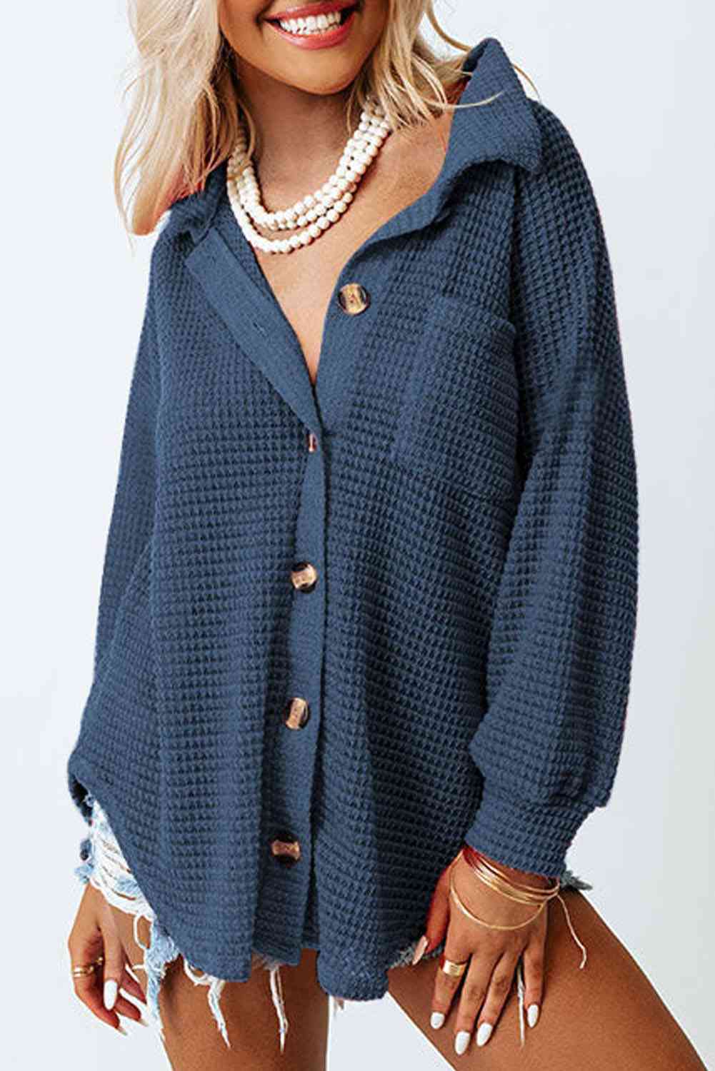 Waffle-Knit Button Up Long Sleeve Shirt with Pocket