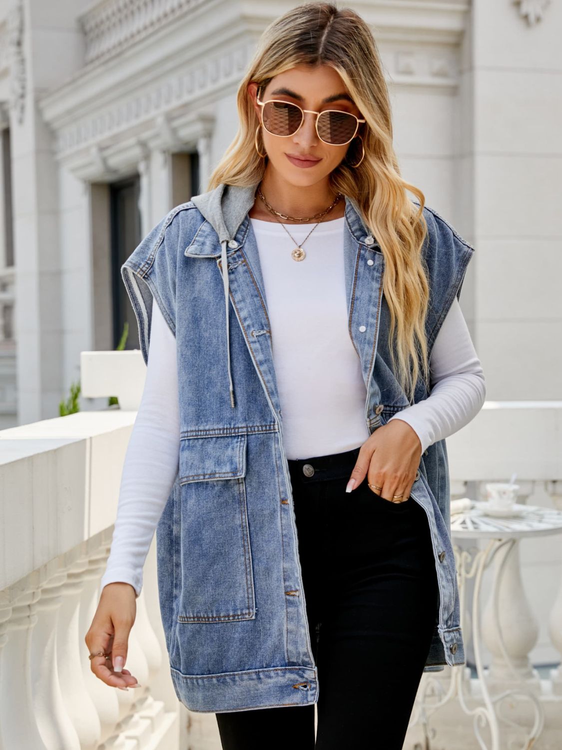 Hooded Sleeveless Denim Vest