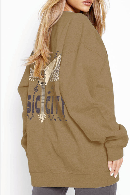 Simply Curvy Round Neck Dropped Shoulder MUSIC CITY Graphic Sweatshirt