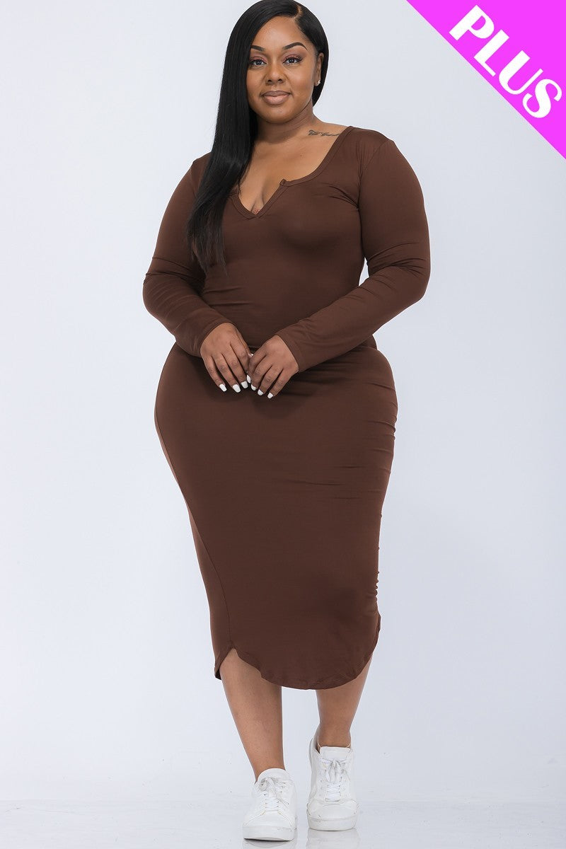 Curvy Split Neck Long Sleeve Midi Dress