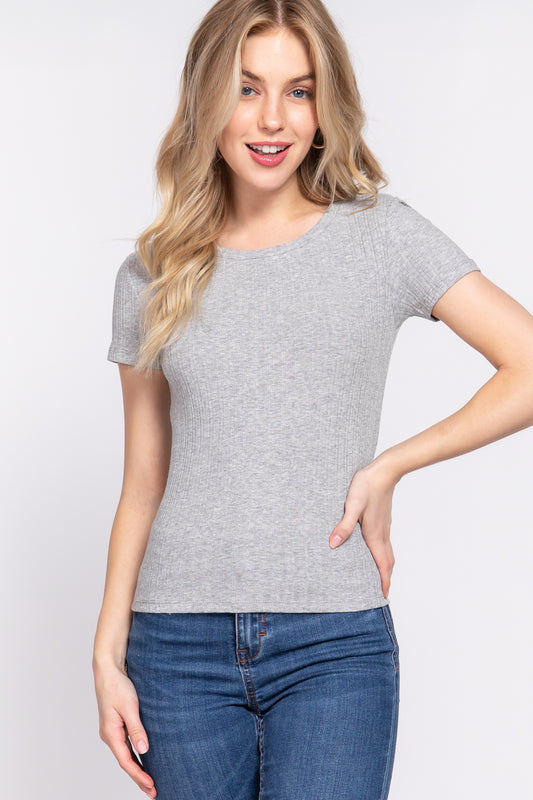 Junior Short Slv Crew Neck Variegated Rib Knit Top