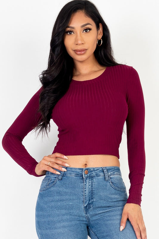 Junior Long Sleeve Round Neck Basic Crop Top