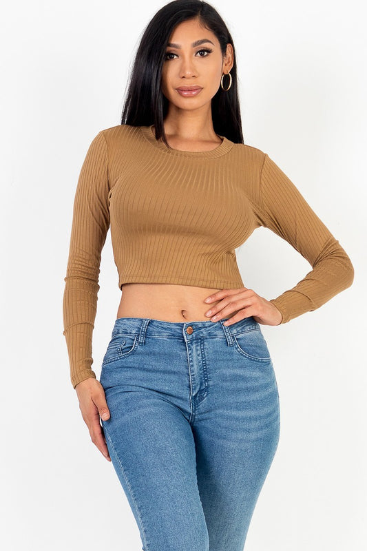 Junior Long Sleeve Round Neck Basic Crop Top