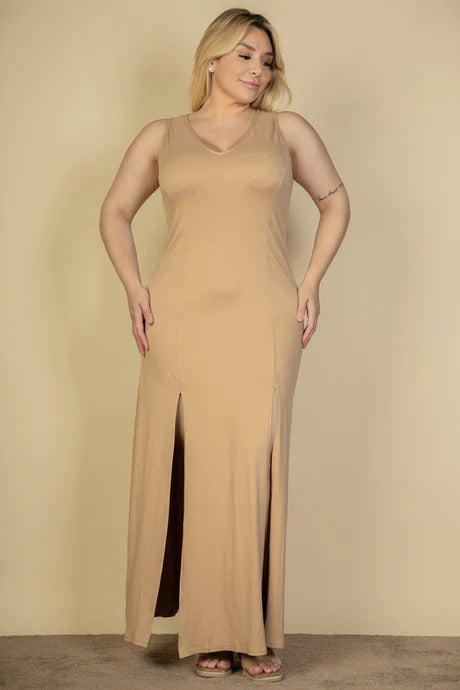 Curvy Plunge Neck Thigh Split Maxi Dress