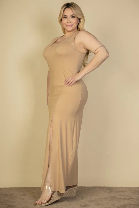 Curvy Plunge Neck Thigh Split Maxi Dress