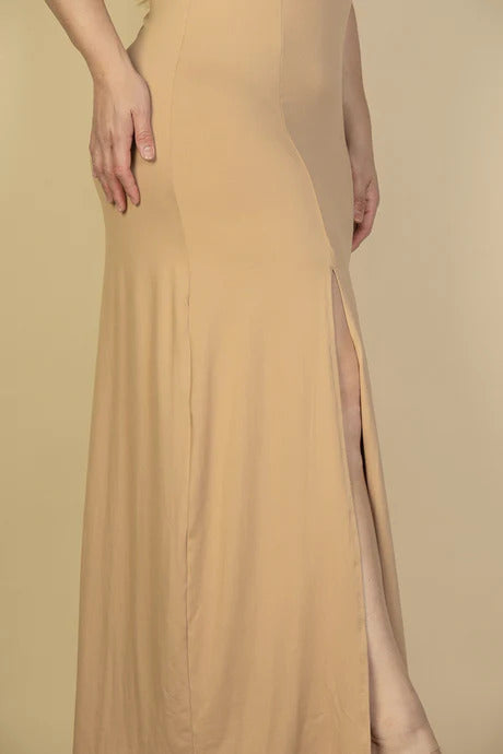 Curvy Plunge Neck Thigh Split Maxi Dress