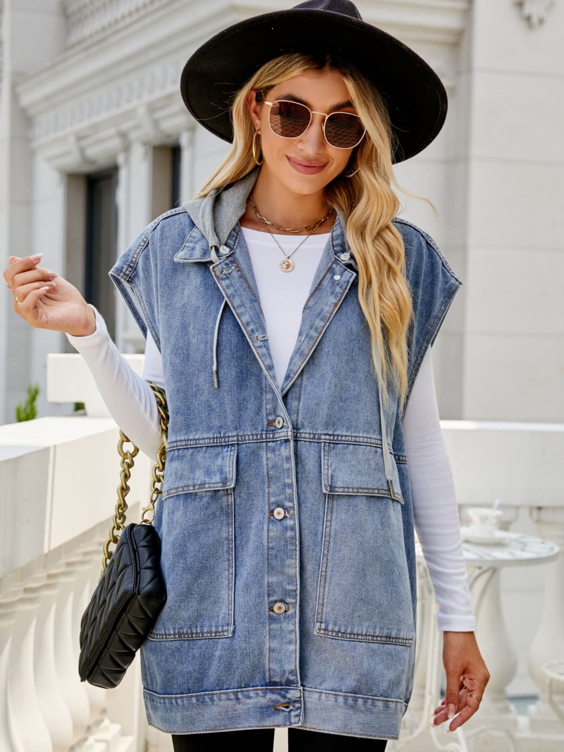 Hooded Sleeveless Denim Vest