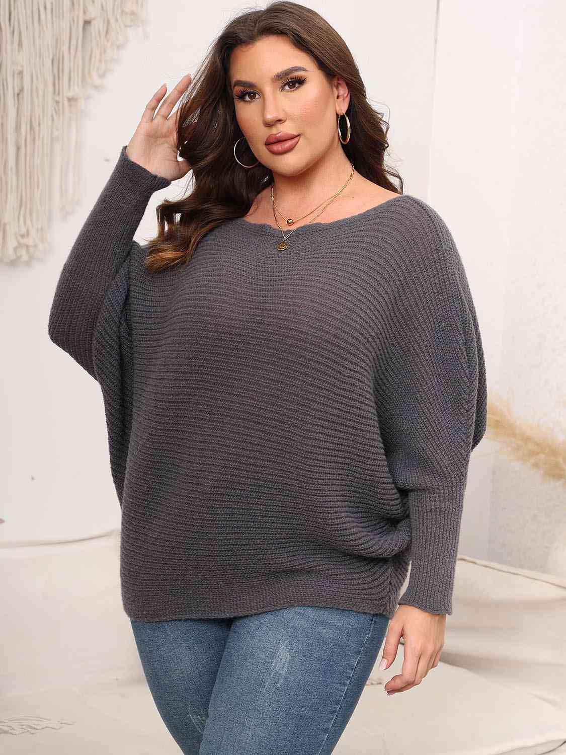 Full Size Boat Neck Batwing Sleeve Sweater