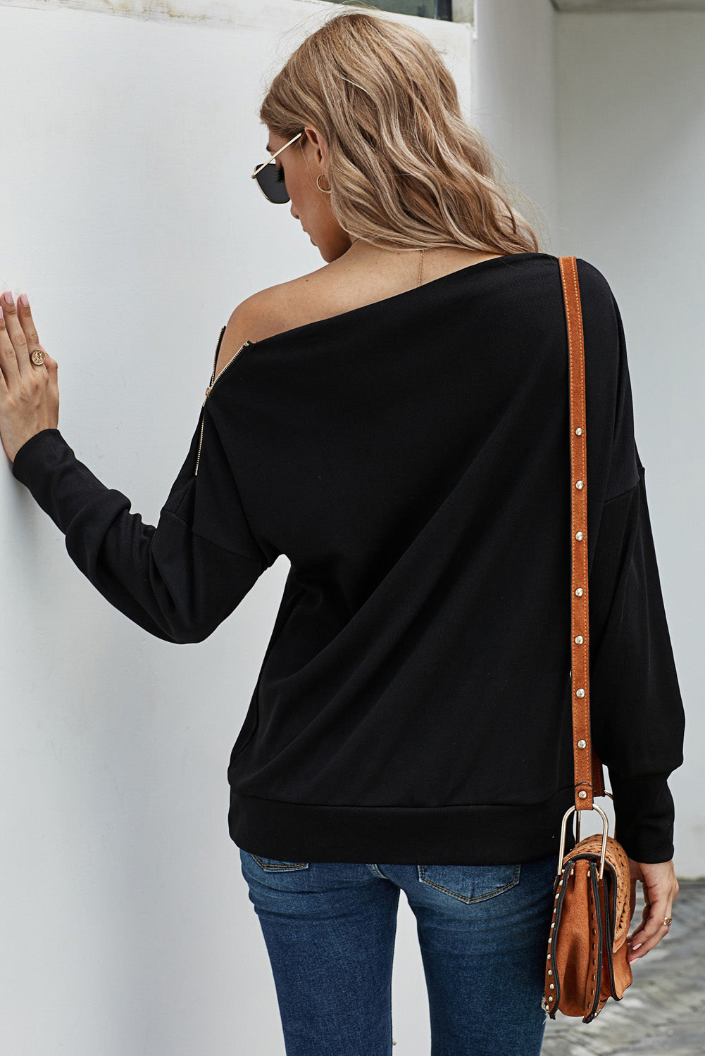 Zipper Detail Boat Neck Dropped Shoulder Sweatshirt