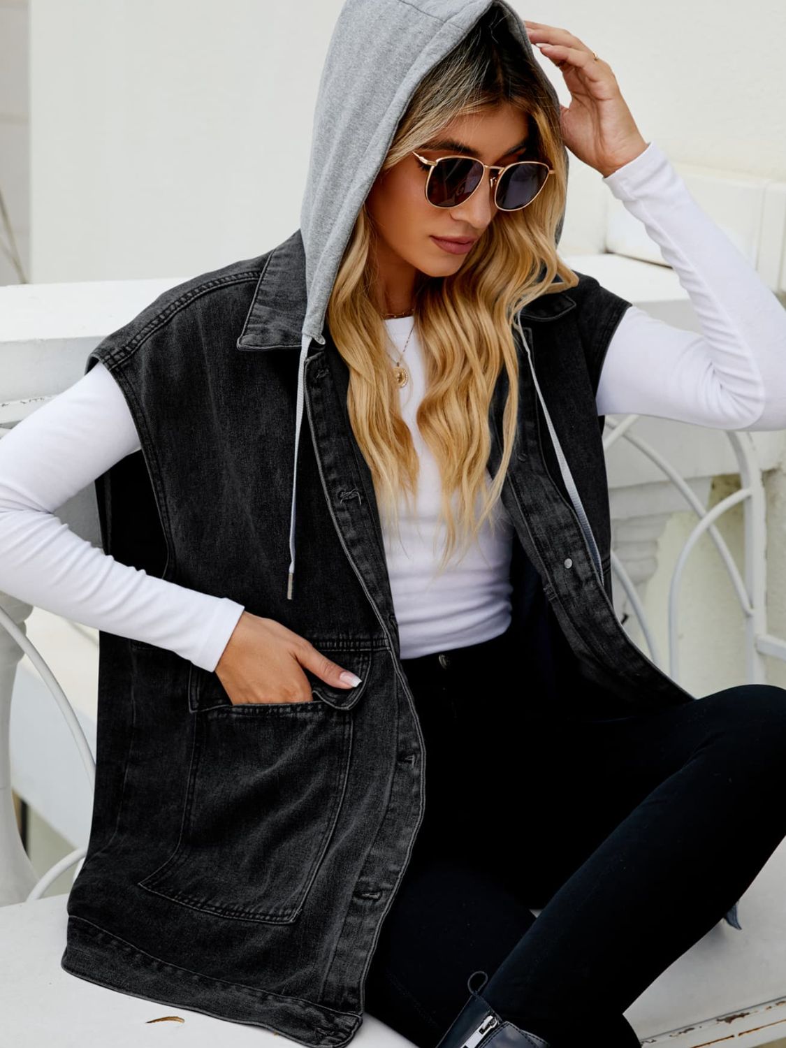 Hooded Sleeveless Denim Vest