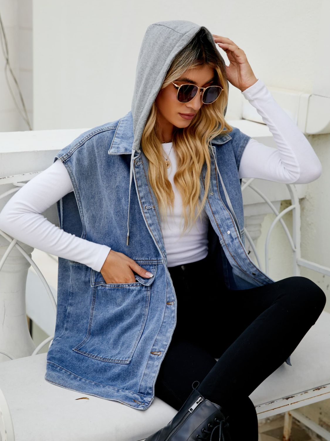 Hooded Sleeveless Denim Vest